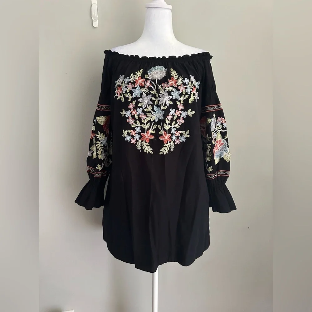 Free People Fleur Du Jour Black Floral Embroidered Off Shoulder Dress Black S